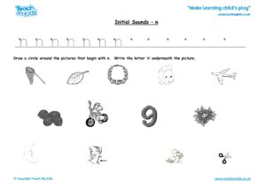 Worksheets for kids - initial sounds-n